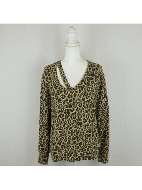 LNA Women's Small Black & Tan Animal Print V-Neck Cutout Tight Knit Sweater